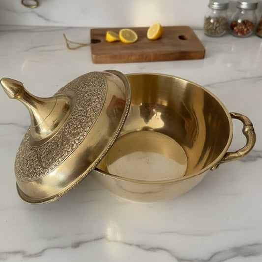 Premium Engraved Brass Bowl with Lid | Pure Brass Decorative & Serving Bowl | Brand New
