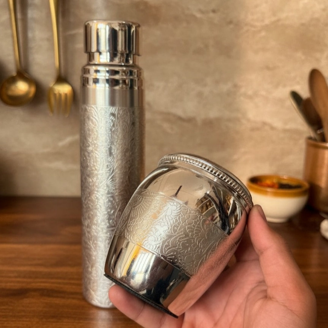 Premium Engraved Copper Bottle with Glass Pair | Pure Copper Drinking Set | Brand New
