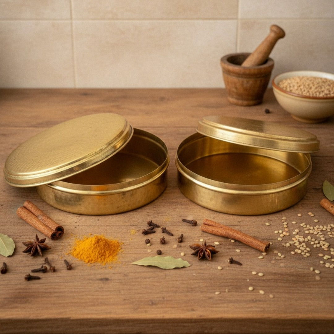 Vintage Peetal Engraved Dabba Pair | Pure Brass Storage Containers Set of 2 | Made in 1990