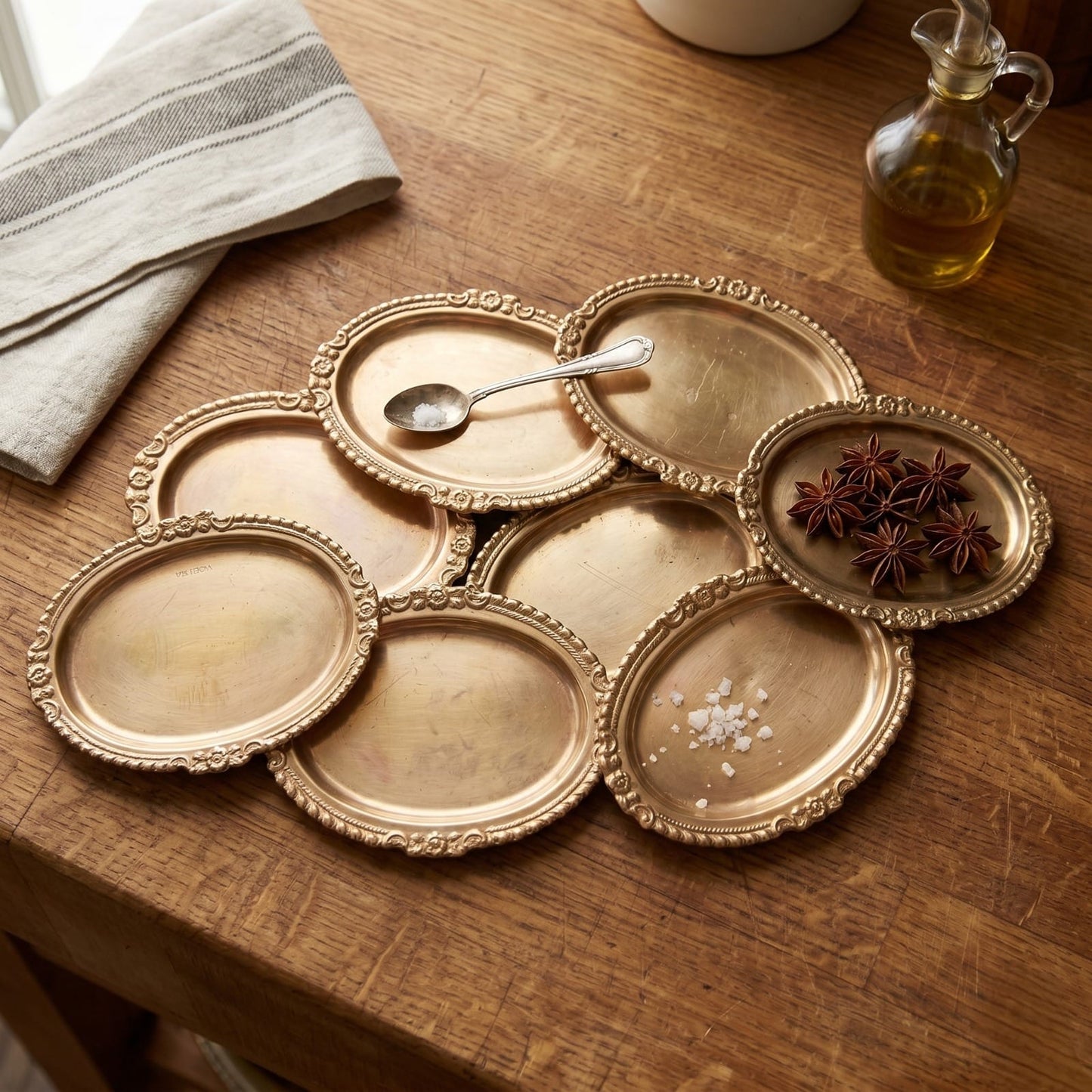 Antique Peetal Small Tray Set | Pure Brass Serving Trays Set of 8 | Made in 1990