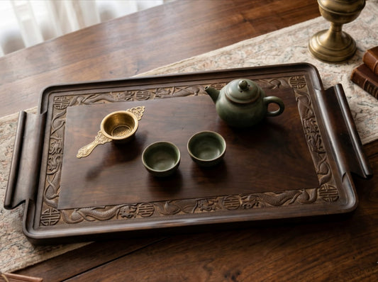 Antique Teakwood Engraved Big Tray | Traditional Wooden Serving & Display Tray | Made in 1990