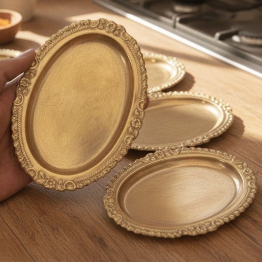 Antique Peetal Small Tray Set | Pure Brass Serving Trays Set of 8 | Made in 1990