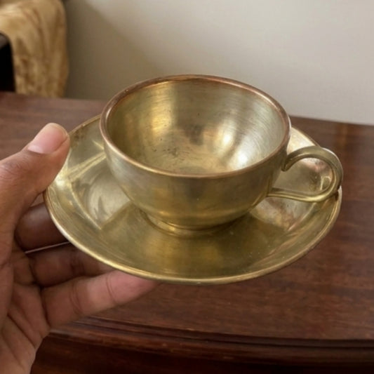 Antique Peetal Cup and Saucer Set of 6 | Pure Brass Serving Set | Made in 1971 - Bombay Antiques