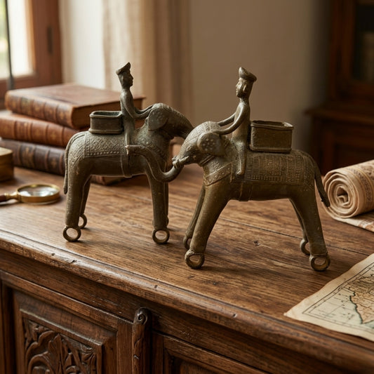 Antique Peetal Tribal Elephant with Riders Pair | Pure Brass Decorative Figurines | Made in 1961 - Bombay Antiques
