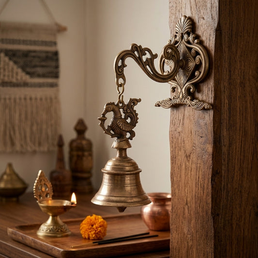 Antique Peetal Peacock Bell with Wall Mount | Pure Brass Decorative Hanging Bell | Made in 1975 - Bombay Antiques