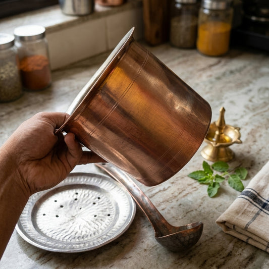 Antique Peetal Long Shape Cooking Bowl with Lid and Ladle | Pure Brass Serving Bowl | Made in 1973 - Bombay Antiques