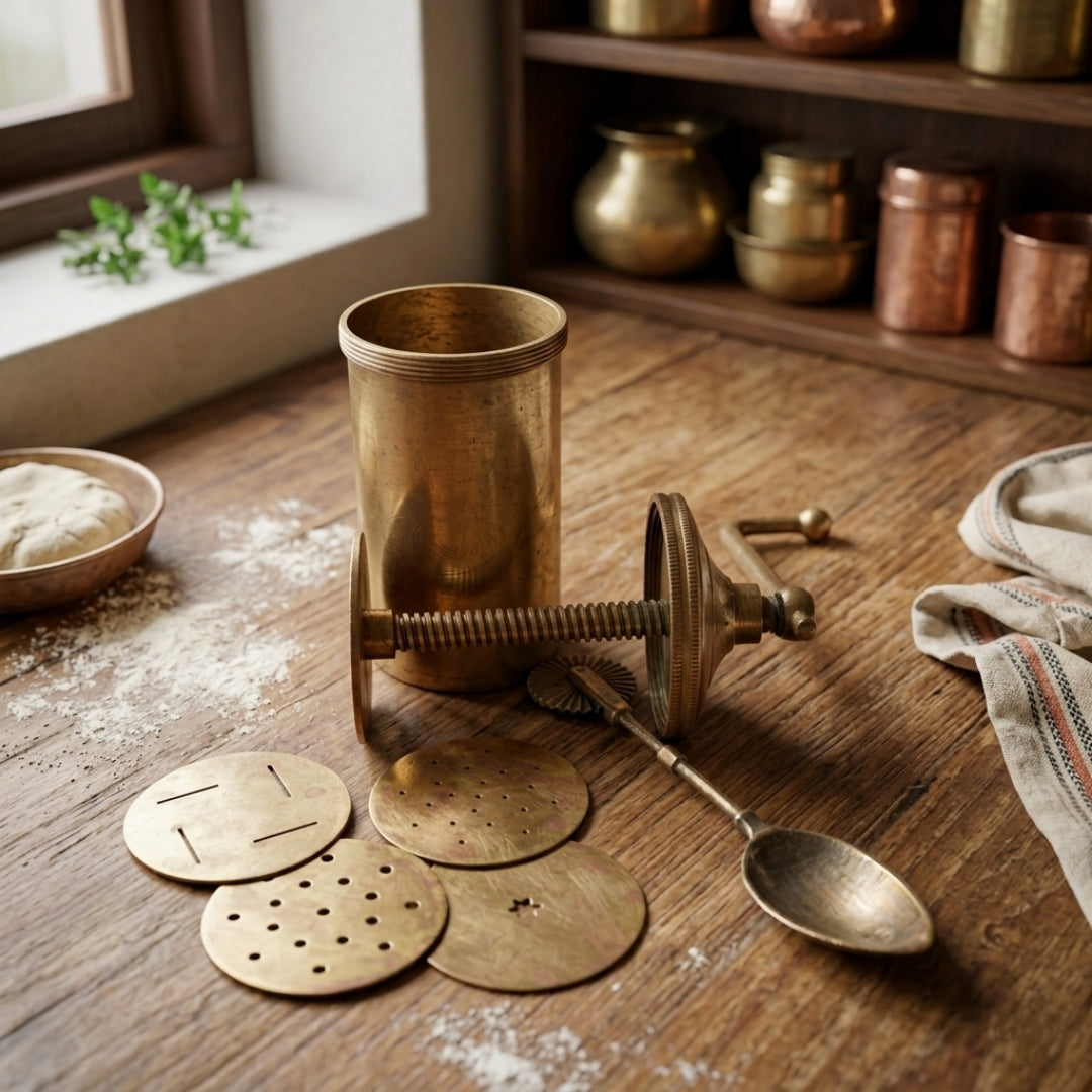 Antique Peetal Chakli Maker with Dough Cutter | Pure Brass Traditional Kitchen Tool | Handcrafted Made in 1980 - Bombay Antiques
