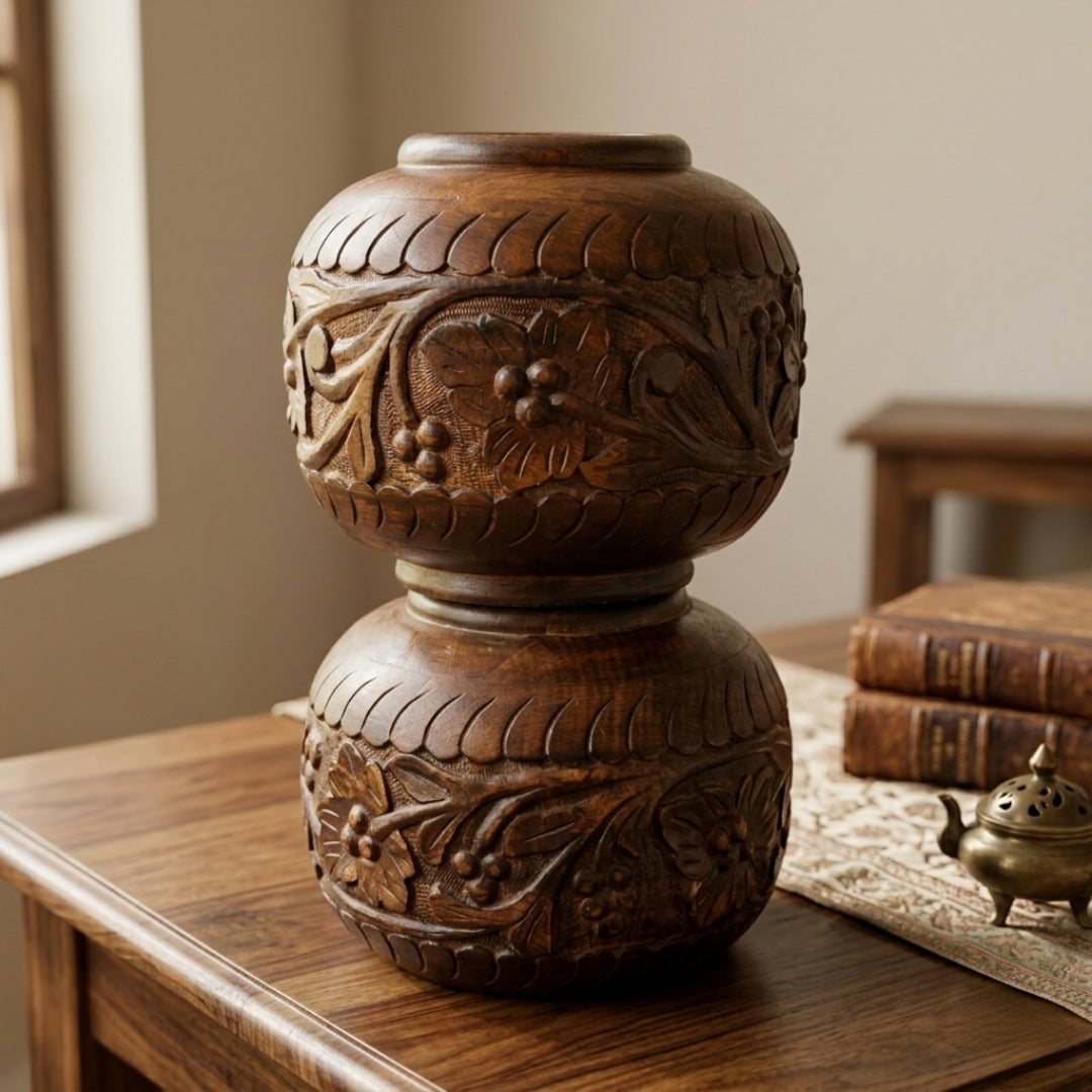 Antique Teakwood Large Pot Pair | Handcrafted Wooden Decorative Vessels | Made in 1980