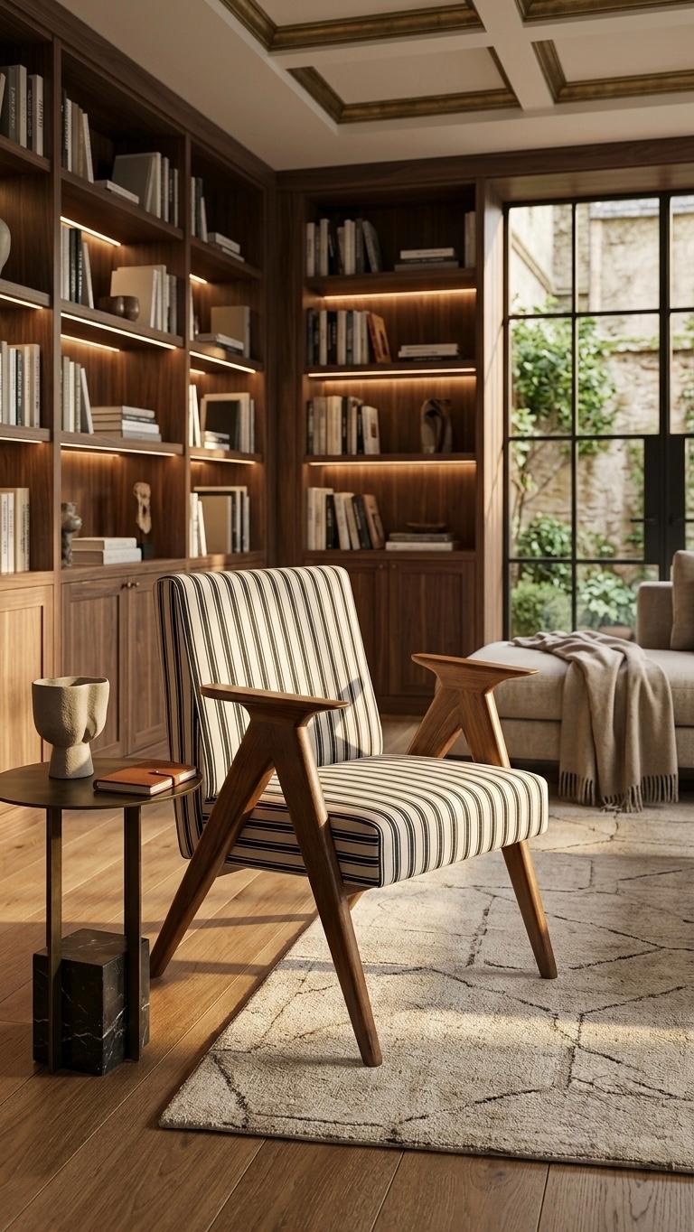 Sagwan Teak Wood Chandigarh Lounge Chair | Solid Teak Mid-Century Stripe Upholstered Accent Chair | Inspired by 1950s Modernist Design