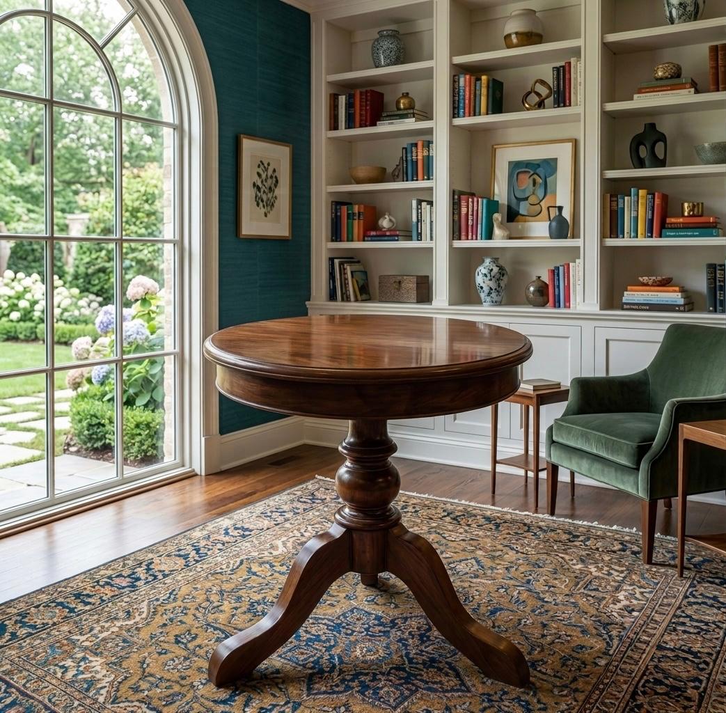 Sagwan Teak Wood Round Pedestal Side Table | Solid Teak Turned Column Tripod Base Table | Inspired by 1880s Victorian Colonial Design