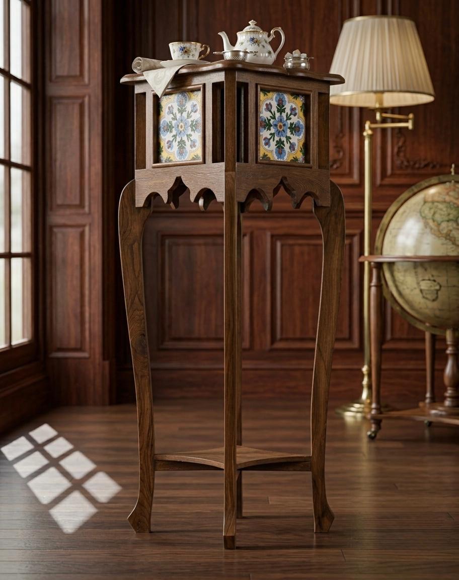 Sagwan Teak Wood Tile Inlay Pedestal Plant Stand | Solid Teak Hand-Painted Ceramic Tile Display Stand | Inspired by 1880s Indo-Moorish Colonial Design