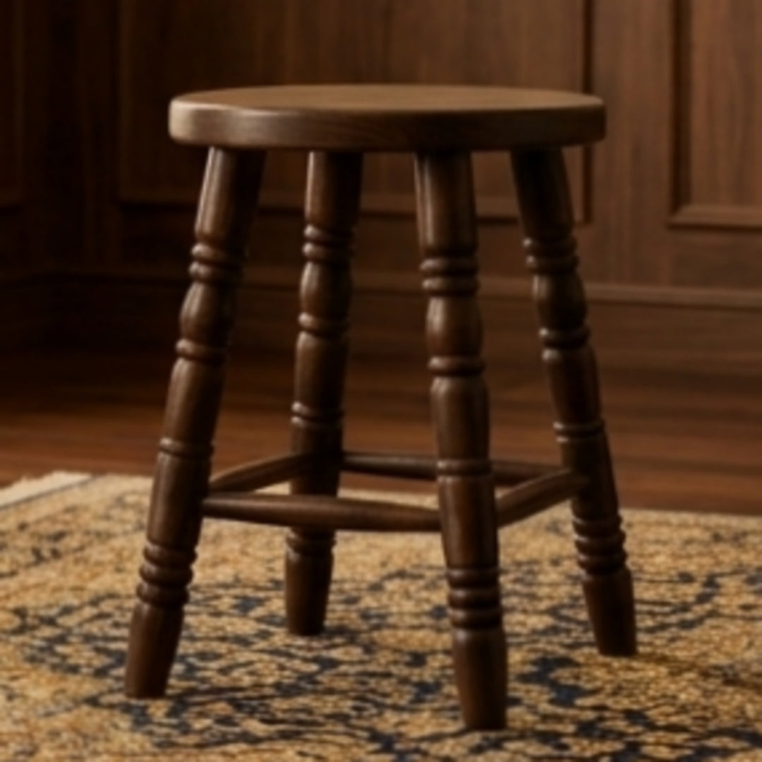 Sagwan Teak Wood Turned Leg Round Stool | Solid Teak Oval Top Colonial Accent Stool | Inspired by 1880s British Colonial Design