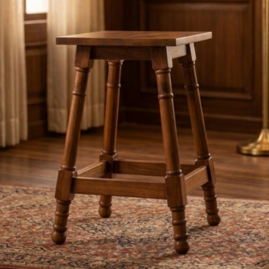 Sagwan Teak Wood Turned Leg Stool | Solid Teak Square Top Colonial Bar Stool | Inspired by 1880s British Colonial Design