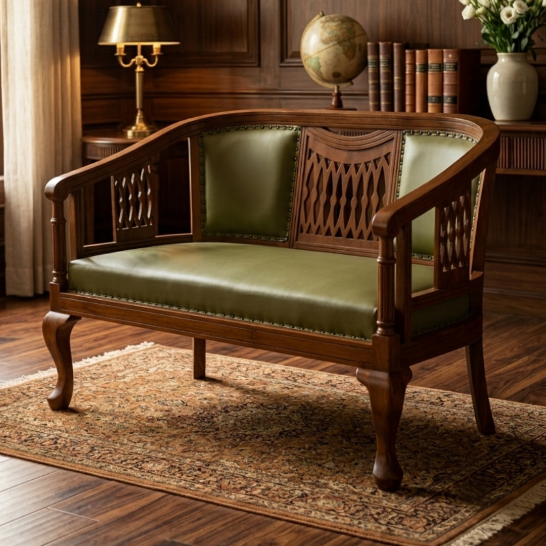 Sagwan Teak Wood Carved Jali 2 Seater Settee | Solid Teak Green Leather Nailhead Colonial Loveseat | Inspired by 1880s British Colonial Design