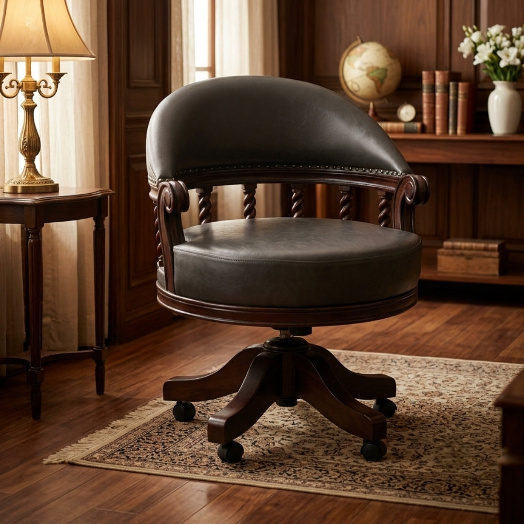 Sagwan Teak Wood Barley Twist Captain's Revolving Chair | Solid Teak Black Leather Swivel Desk Chair | Inspired by 1880s Victorian Colonial Design