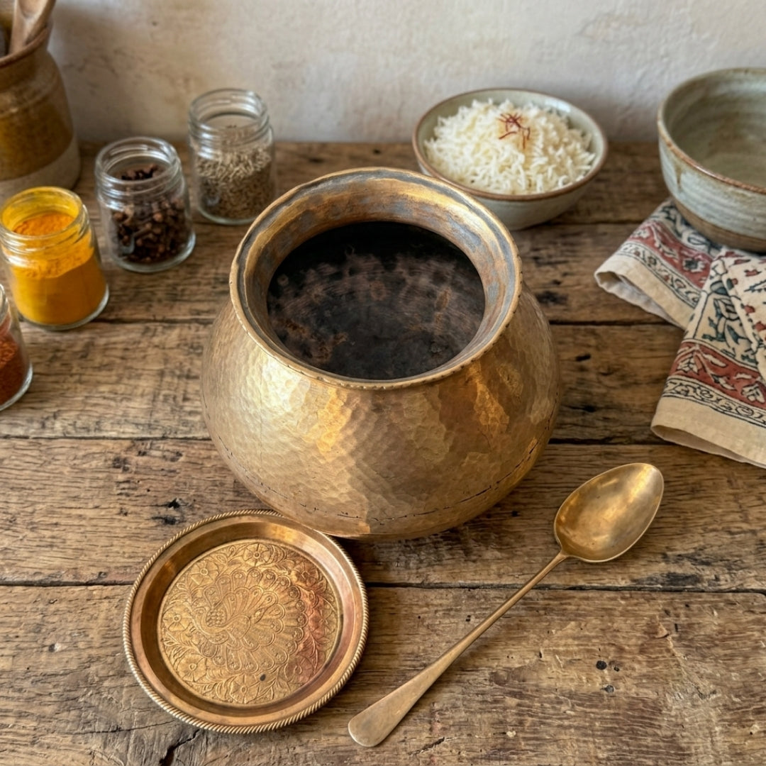 Antique Peetal Cooking Bowl with Stand, Lid & Spoon | Pure Brass Serving Bowl Set | Made in 1973