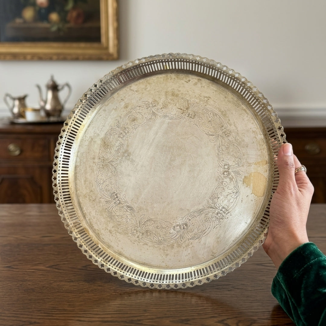 Antique Peetal Engraved Plate Pair with Ornate Borders | Pure Brass Decorative Plates | Made in 1980
