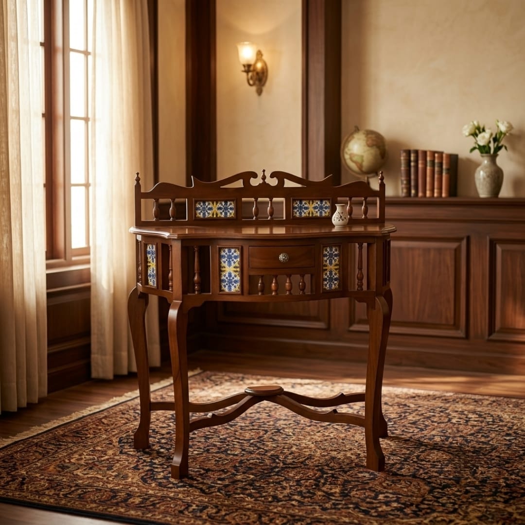 Antique Sagwan Teak Wood Tile-Inlay Vanity Console with Gallery Back | Solid Teak Goan Colonial Writing Table | Inspired by Indo-Portuguese Design