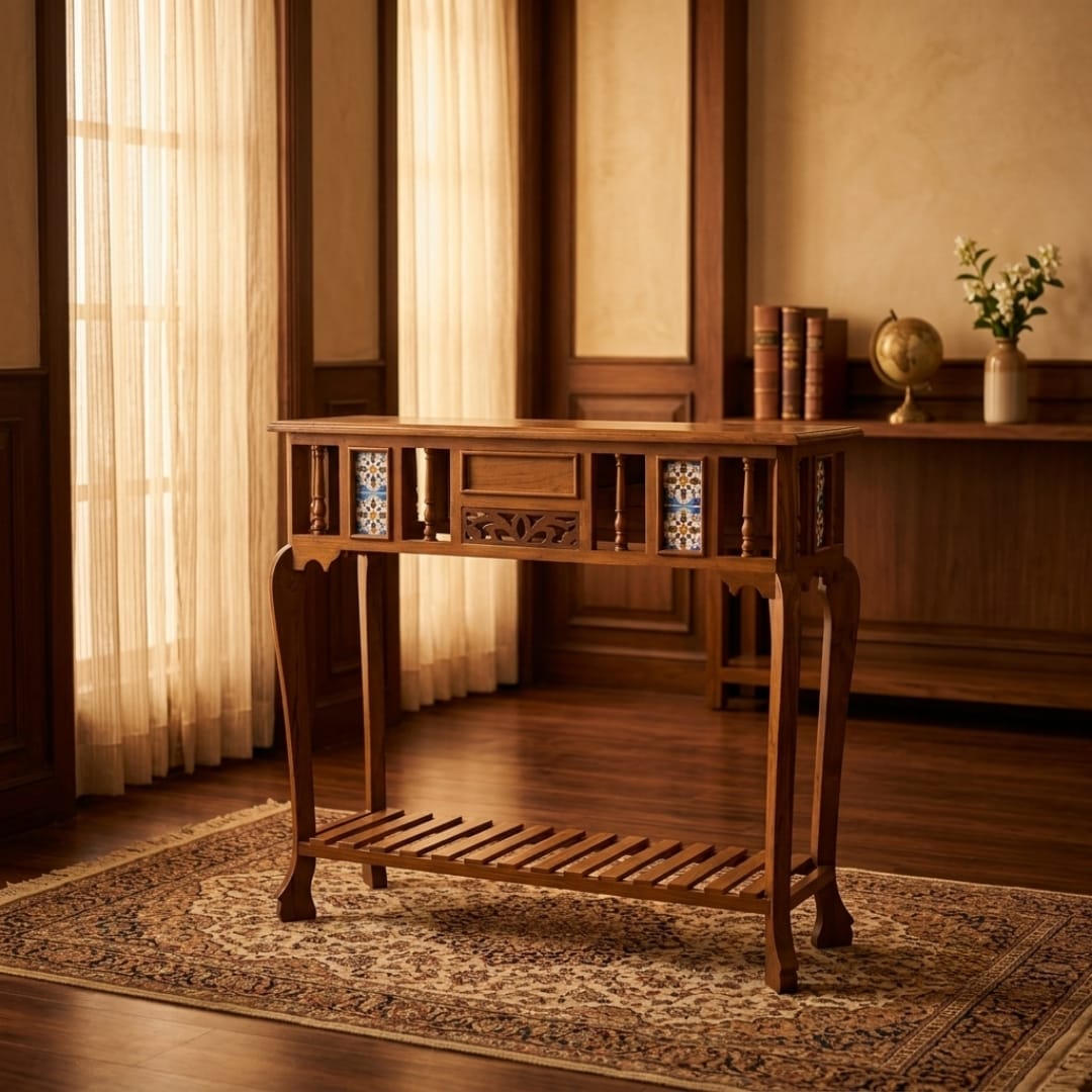 Antique Sagwan Teak Wood Tile-Inlay Console Table | Solid Teak Goan Colonial Hall Table | Inspired by Indo-Portuguese Design