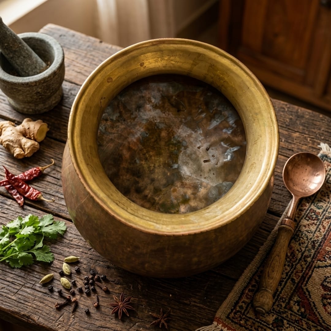 Antique Brass Cooking Pot with Stand and Spoon | Traditional Cooking Vessel | Made in 1975