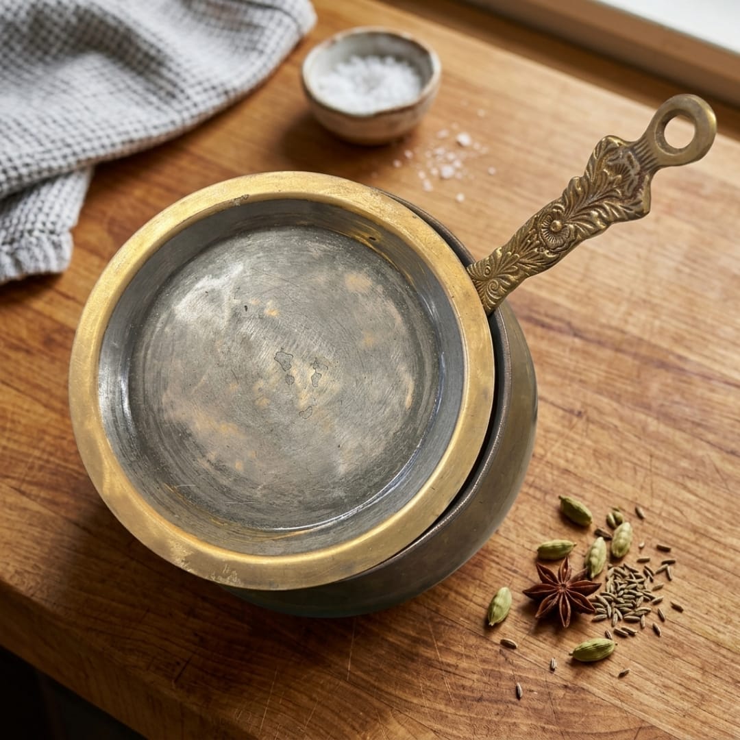 Vintage Brass Cooking Handi with Floral Handle | Traditional Brass Cooking Pot | Made in 1978