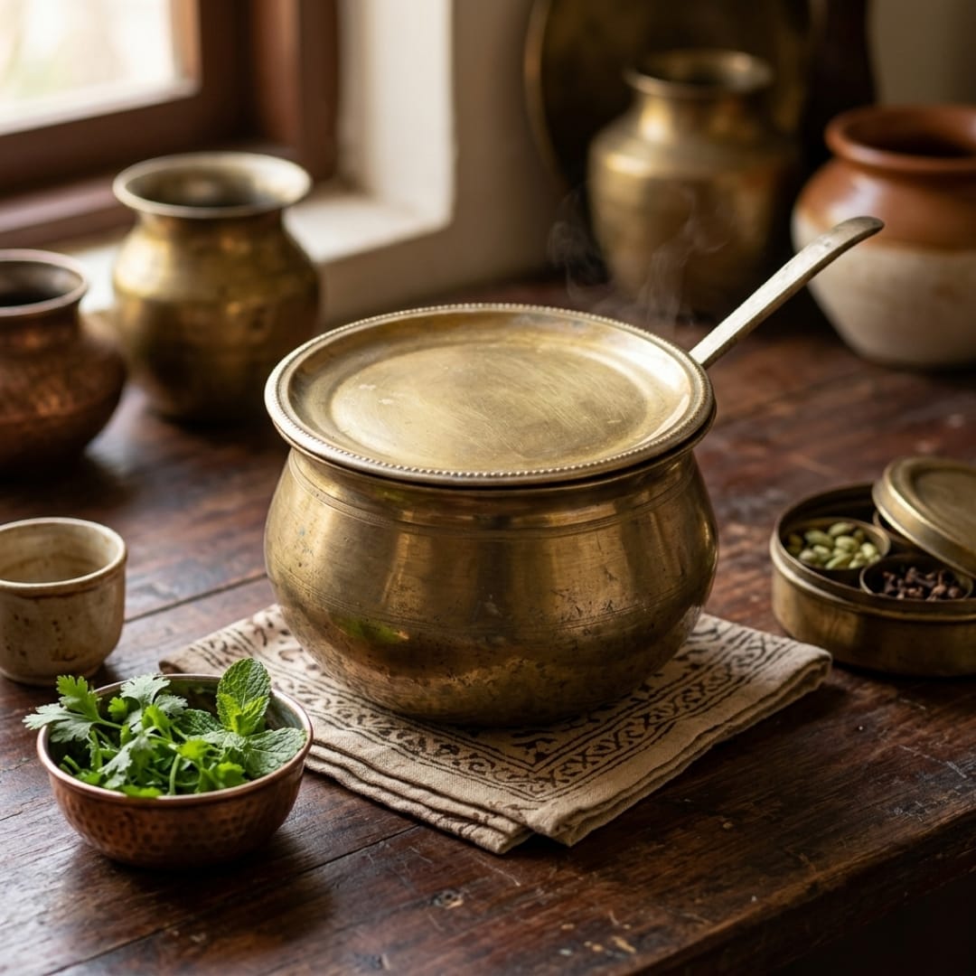 Antique Brass Cooking Pot with Stand and Lid | Traditional Brass Cooking Vessel | Made in 1984