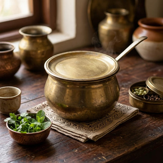 Antique Brass Cooking Pot with Stand and Lid | Traditional Brass Cooking Vessel | Made in 1984
