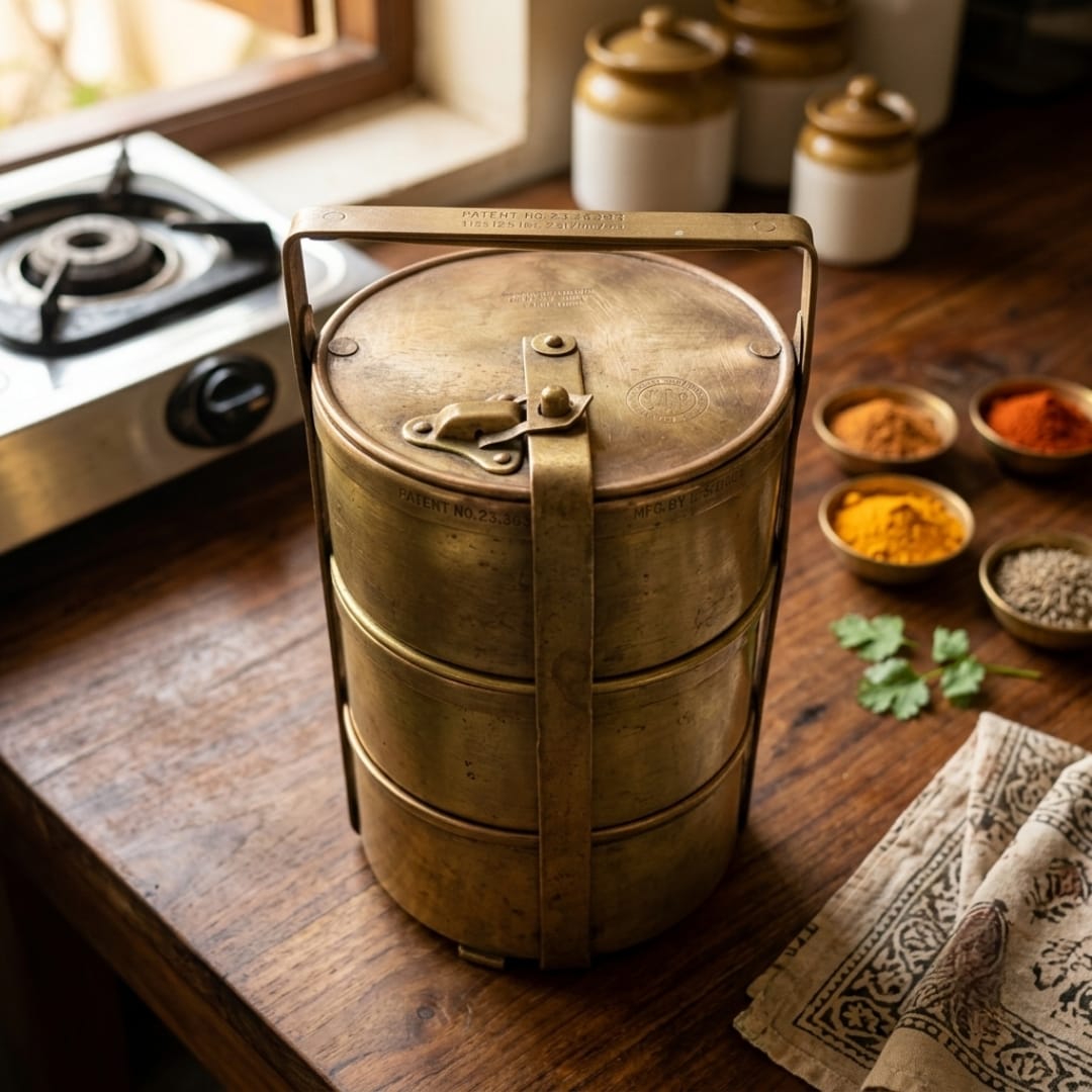 Antique Brass Three Tier Cooking Tiffin Box | Brass Lunch Carrier with Handle | Made in 1970