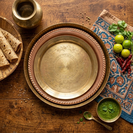 Antique Brass & Copper Serving Plate Set of 3 | Traditional Decorative Thali Collection | Made in 1975