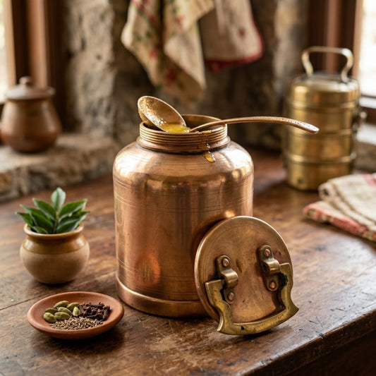 Antique Copper Storage Jar with Lid & Serving Ladle | Traditional Pure Copper Kitchen Container | Made in 1972