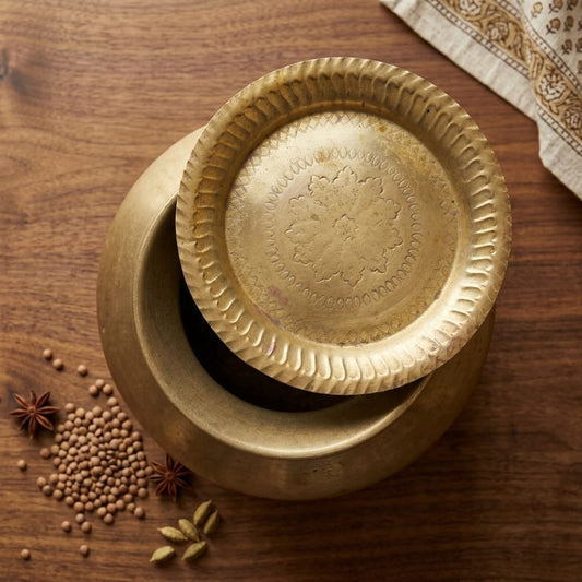 Antique Peetal Wide-Mouth Water Pot with Brass Stand, Engraved Lid and Ladle | Traditional Brass Storage Pot | Made in 1984