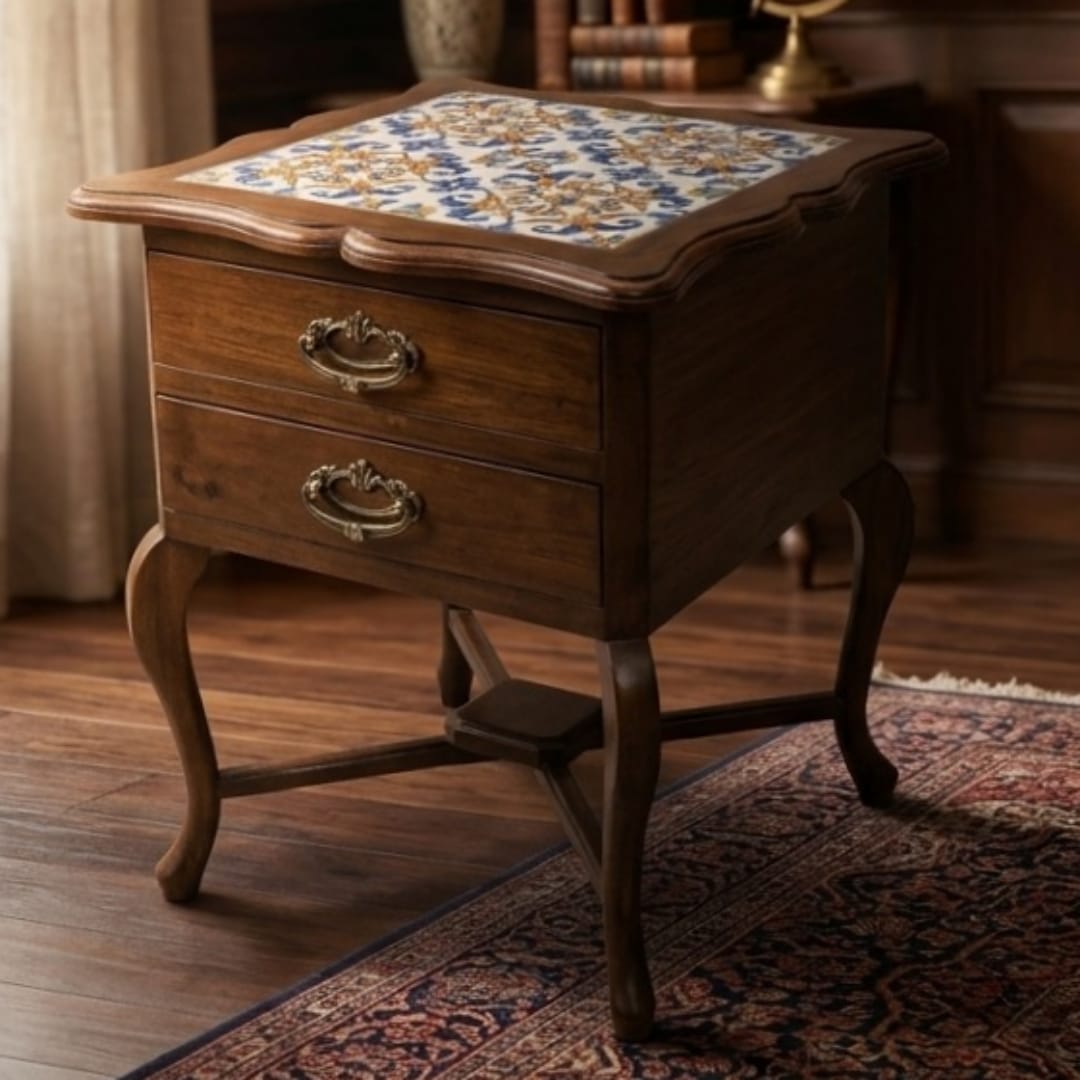 Antique Sagwan Teak Wood Tile-Top 2-Drawer Nightstand | Solid Teak Goan Colonial Bedside Table | Inspired by Indo-Portuguese Design