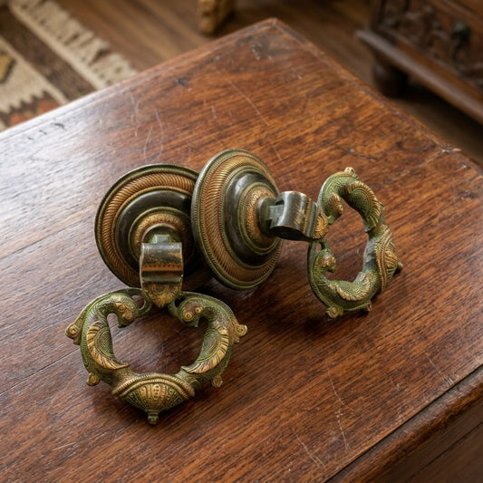 Antique Peetal Engraved Door Handles | Traditional Brass Door Knockers Pair | Made in 1960 - Bombay Antiques