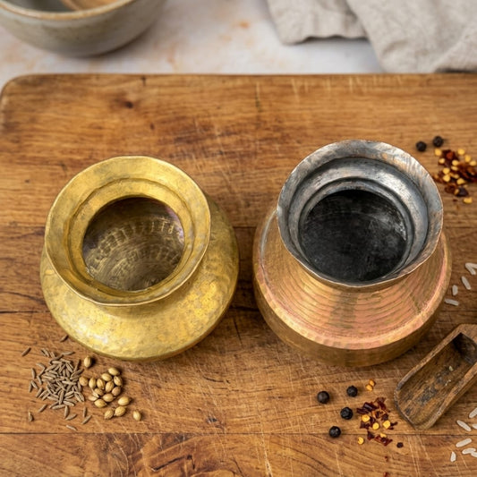 Antique Peetal Wide-Mouth Storage Pot Set | Traditional Brass Vessels Pair | Made in 1966 - Bombay Antiques