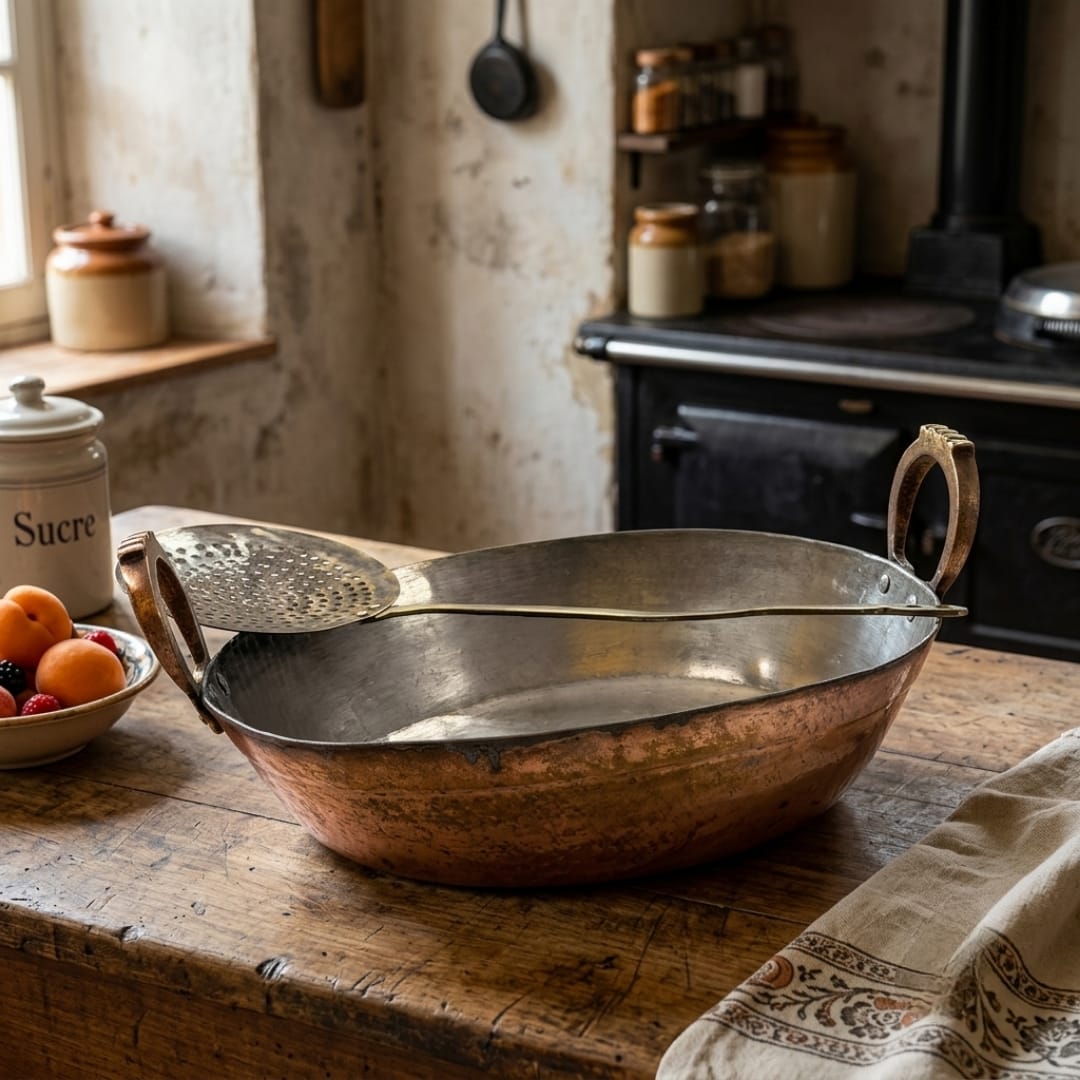 Antique Tamba Kadai with Perforated Ladle | Traditional Copper Deep Frying Pan | Made in 1976