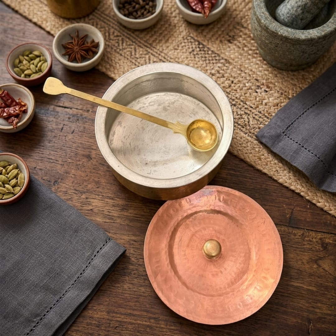 Antique Tamba Lidded Handi with Ladle | Traditional Copper Cooking Pot | Made in 1970