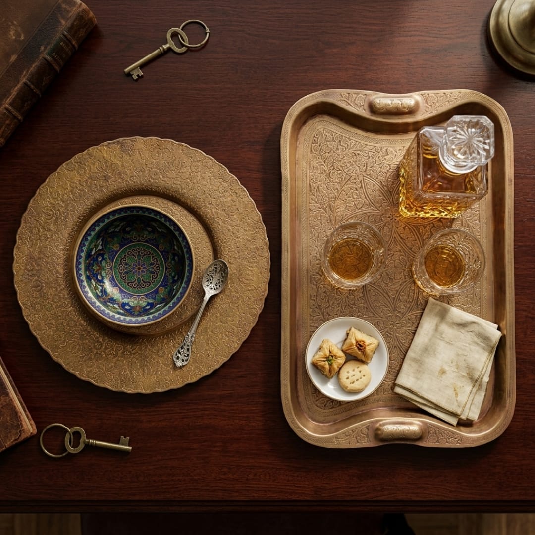 Antique Peetal Engraved Plate & Tray Set | Traditional Brass Serveware | Made in 1965