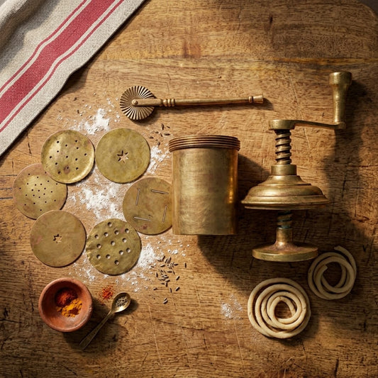 Antique Peetal Sev Maker with Interchangeable Discs | Traditional Brass Press with Cutting Wheel | Made in 1970 - Bombay Antiques