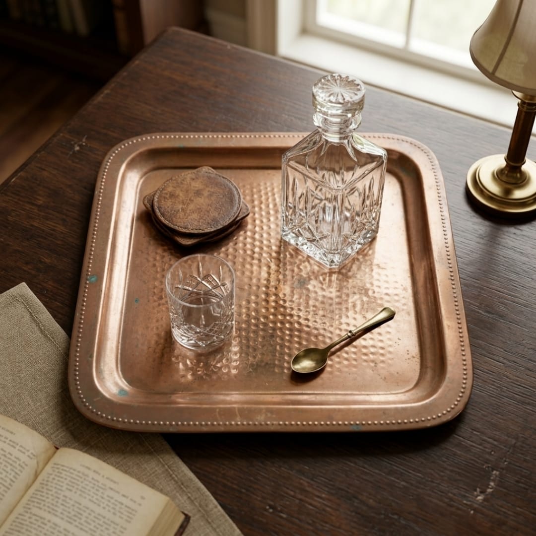 Antique Tamba Serving Trays Pair | Pure Copper Hammered Serving Platters | Made in 1982