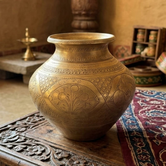 Antique Peetal Engraved Lota | Pure Brass Engraved Water Pot | Made in 1970