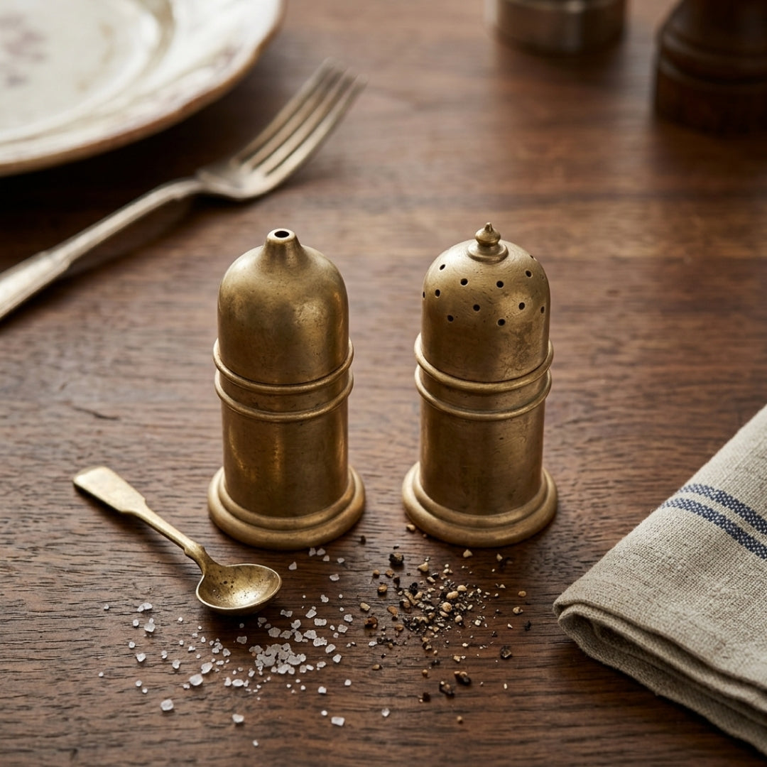 Antique Peetal Salt & Pepper Shaker Set | Pure Brass Dining Table Condiment Set | Made in 1970