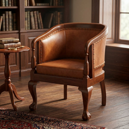 Sagwan Teak Wood Cognac Tan Leatherette Barrel Armchair | Solid Teak Captain’s Chair with Brass Studs & Cabriole Legs | Inspired by 18th Century Queen Anne Style - Bombay Antiques