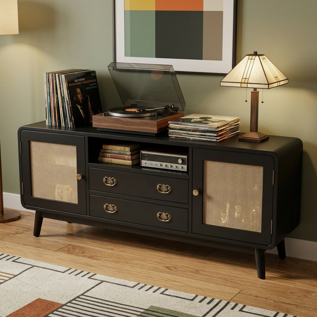 Sagwan Teak Wood Black Rattan Cane Media Console | Matte Black Solid Teak TV Stand & Sideboard with Shell Pull Handles | Inspired by 1950s Mid-Century Modern Scandinavian Design