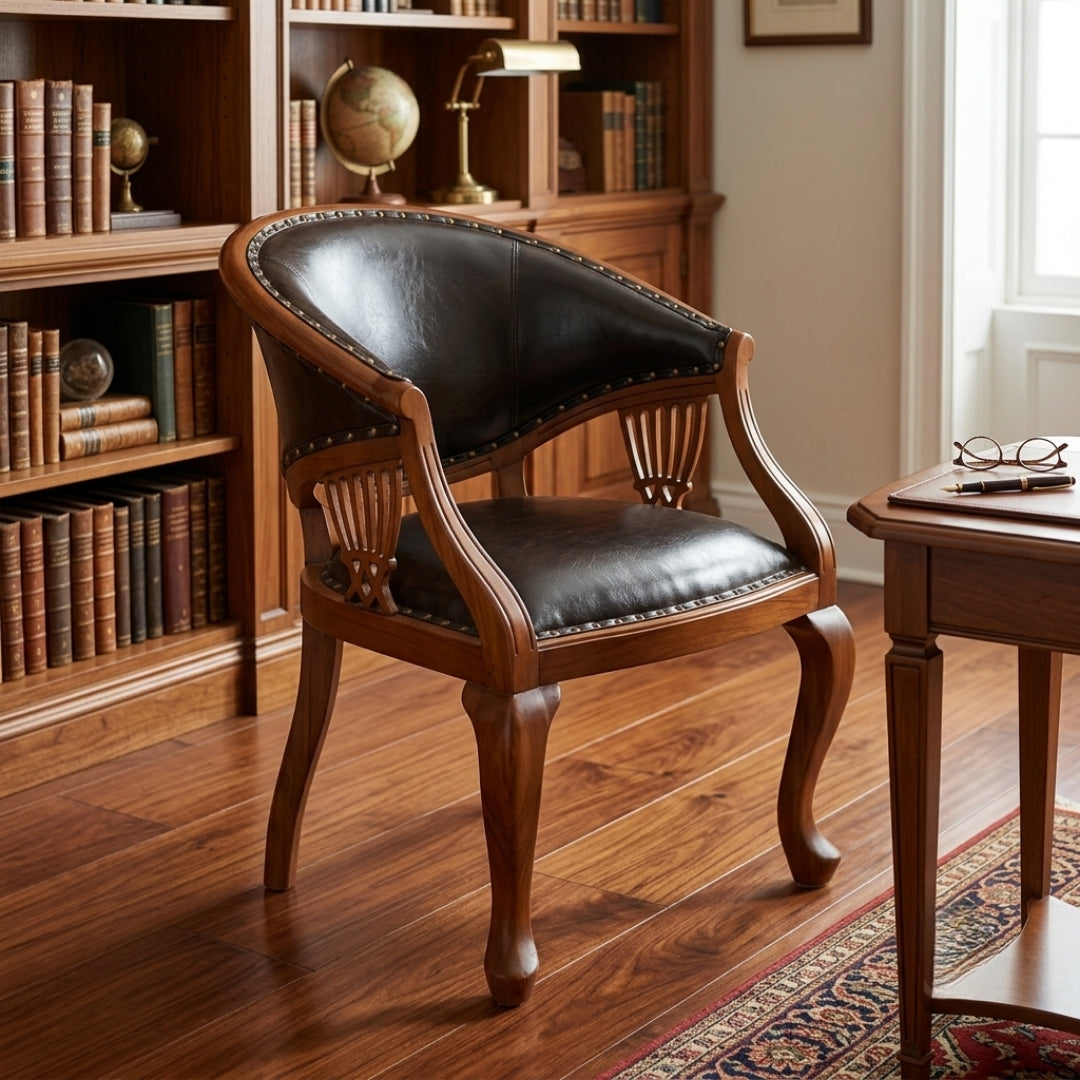Sagwan Teak Wood Dark Brown Leatherette Barrel Armchair | Solid Teak Captain’s Office & Library Chair with Brass Studs & Cabriole Legs | Inspired by 18th Century Chippendale Style
