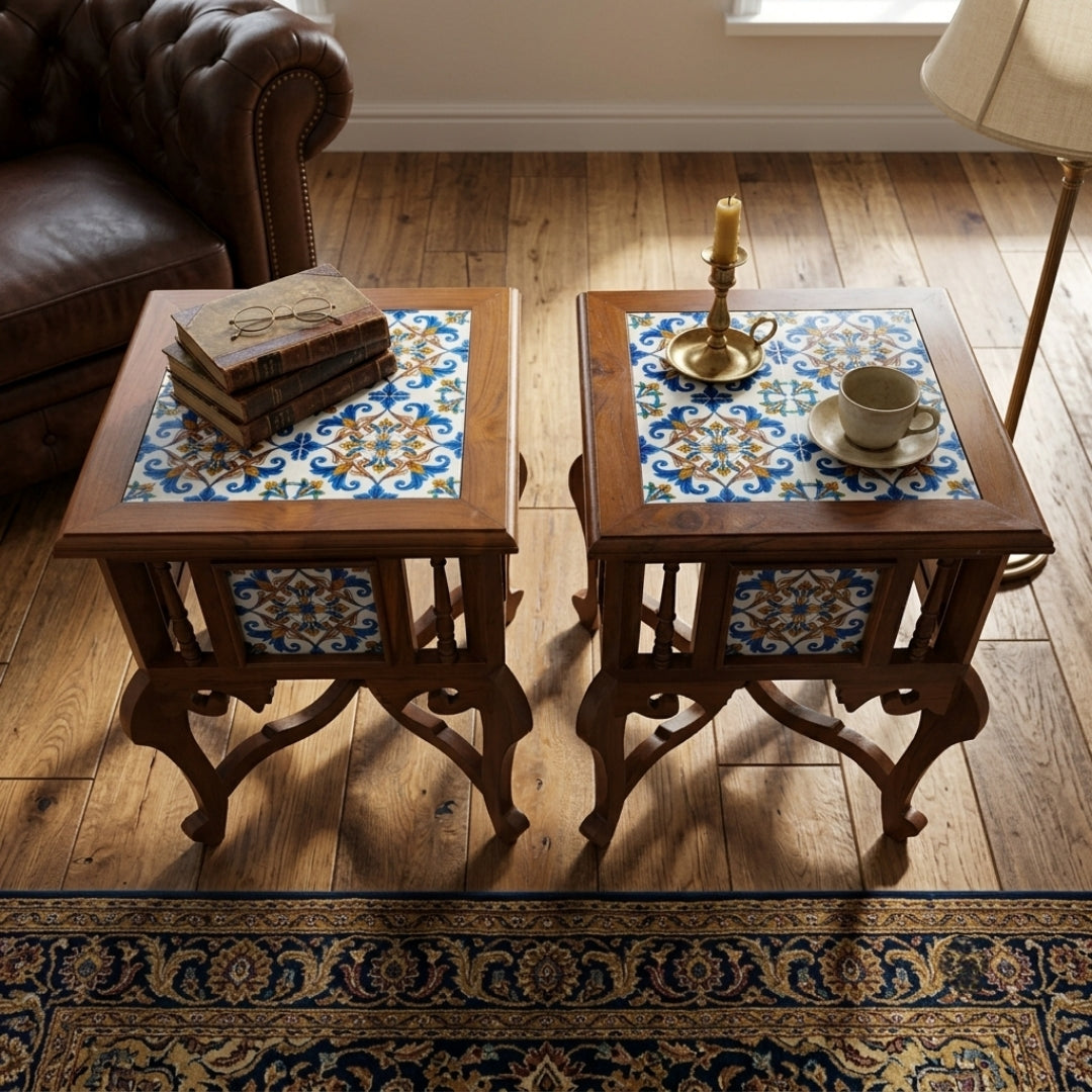 Sagwan Teak Wood Indo-Portuguese Ceramic Tile Side Table | Solid Teak End Table with Hand-Painted Tiles on All Sides and Turned Spindling | Inspired by 19th Century Bombay Antique & Goan Colonial Tradition