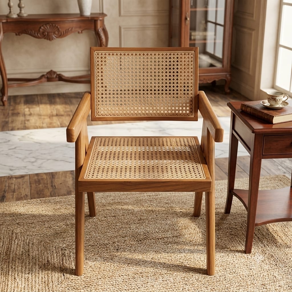 Sagwan Teak Wood Rattan Cane Armchair | Solid Teak Office & Dining Accent Chair with Hand-Woven Cane Seat | Inspired by 1950s Mid-Century Modern Pierre Jeanneret Chandigarh Design Movement