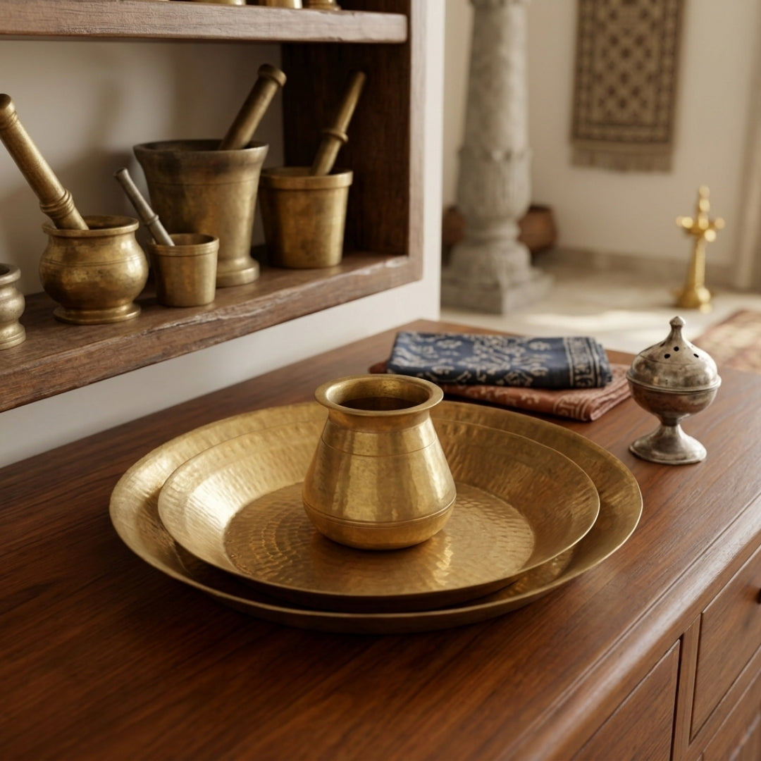 Antique Hand-Beaten Brass Parat Set with Kalash | Solid Pure Brass Hammered Platter Set with Water Pot | Made in 1978