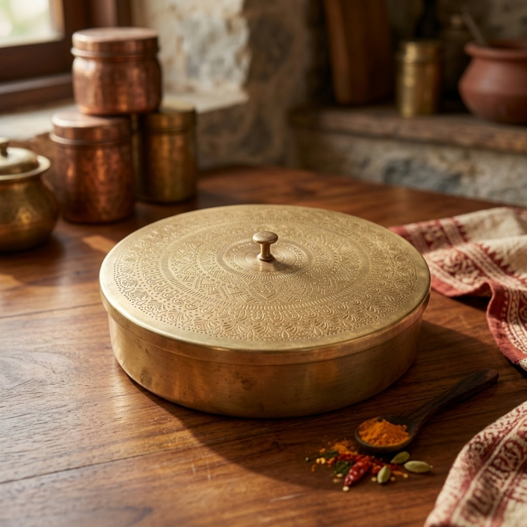 Vintage Brass Etched Masala Dabba | Pure Brass Spice Box Circular Storage Container with Engraved Lid | Made in 2000