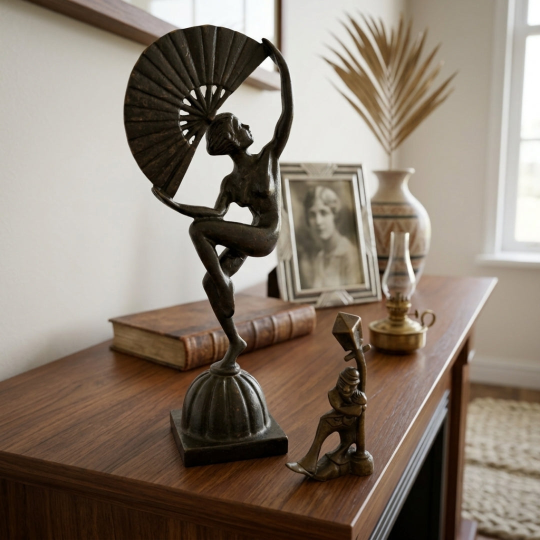 Antique Brass Art Deco Fan Dancer & Streetlamp Figurine Set | Solid Brass Sculptural Figurine Duo | Made in 1973