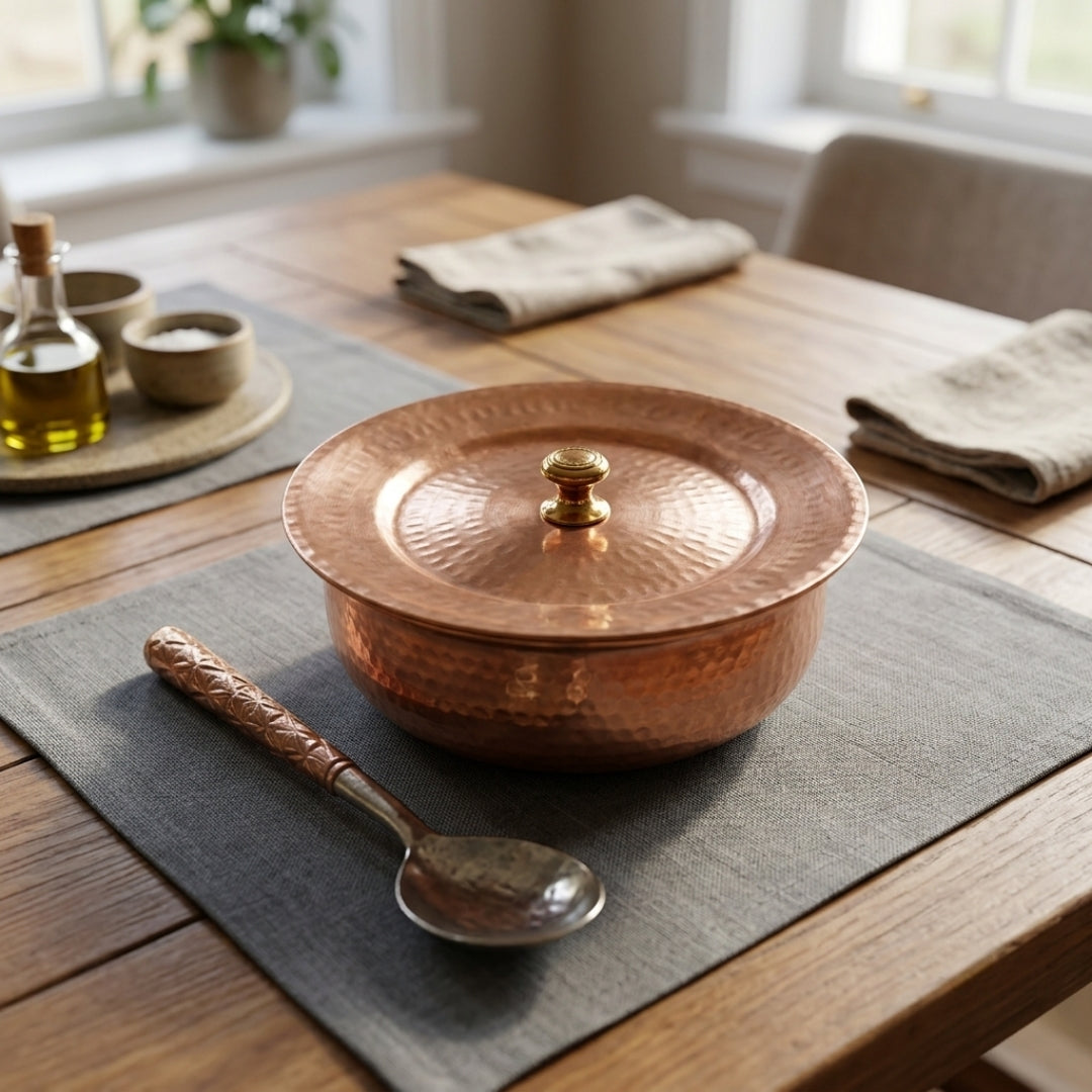 Antique Copper Hand-Hammered Handi Serving Bowl with Lid & Spoon | Traditional Copper Cookware Set | Made in 1980